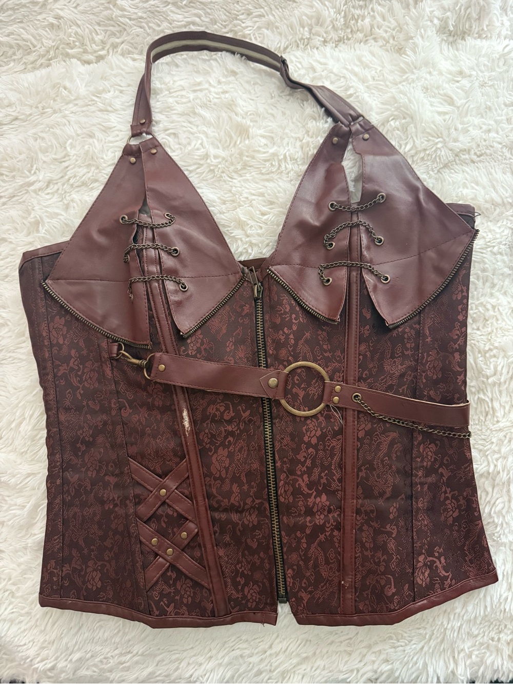 Brown corset sexy push v cut, front zip, adjustable strap XS/S